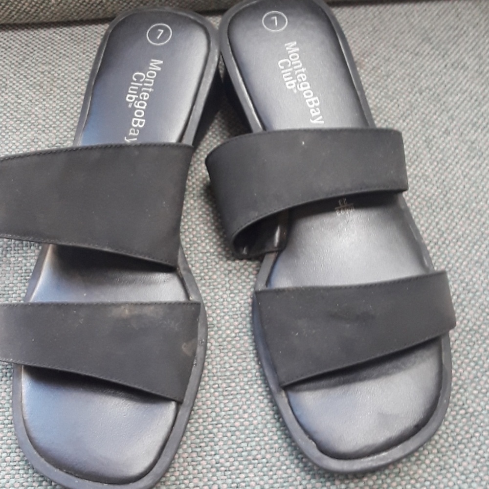Black sandals, slip on, lightly used
